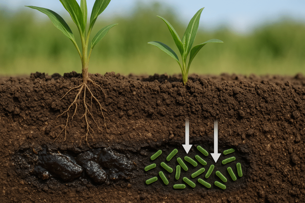 Przekrój gleby z procesem bioremediacji, rośliny i mikroorganizmy neutralizujące toksyny