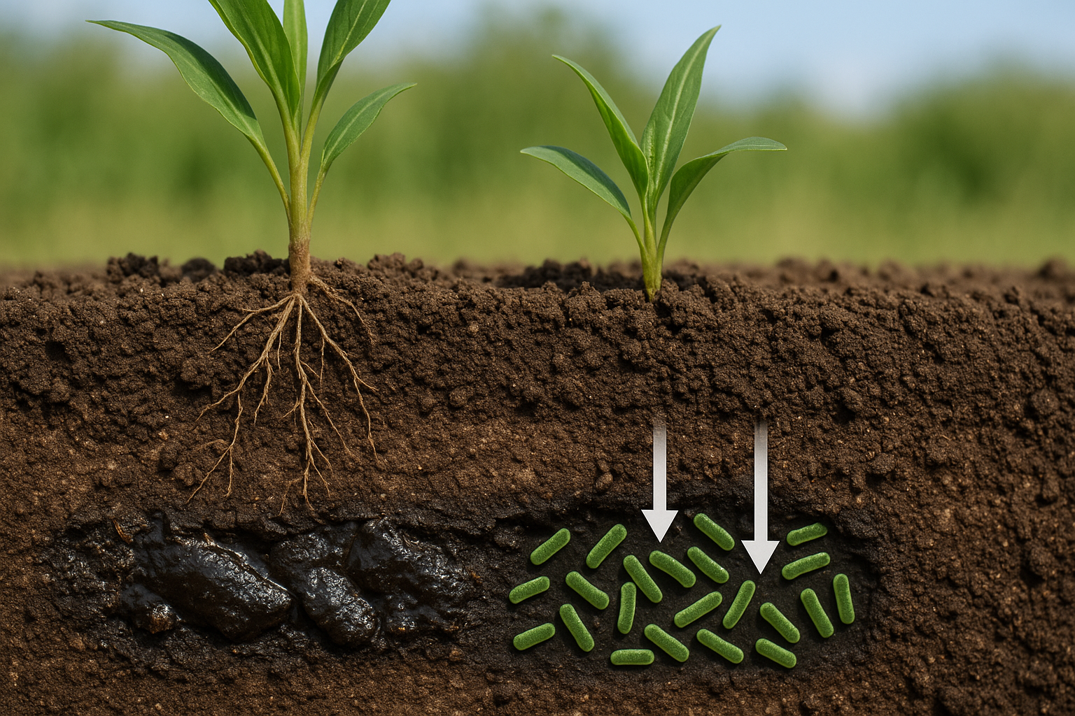 Przekrój gleby z procesem bioremediacji, rośliny i mikroorganizmy neutralizujące toksyny