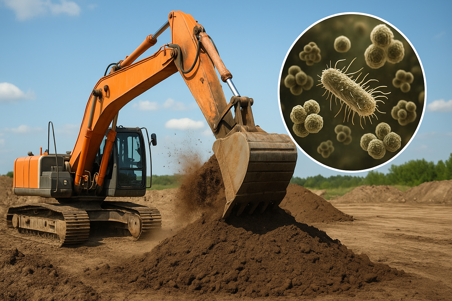 Koparka i mikroorganizmy przedstawiające proces bioremediacji skażonej ziemi